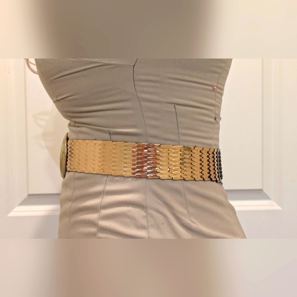 3/$30 Iconic 80s Vintage Gold Metal Scale Stretch Belt - Picture 2 of 6